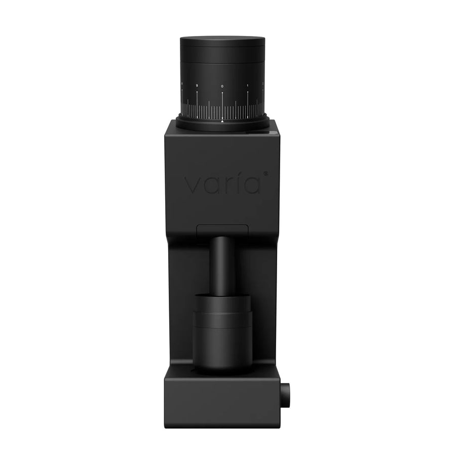 Varia VS6 electric coffee grinder in matte black with 58mm flat burrs, front view