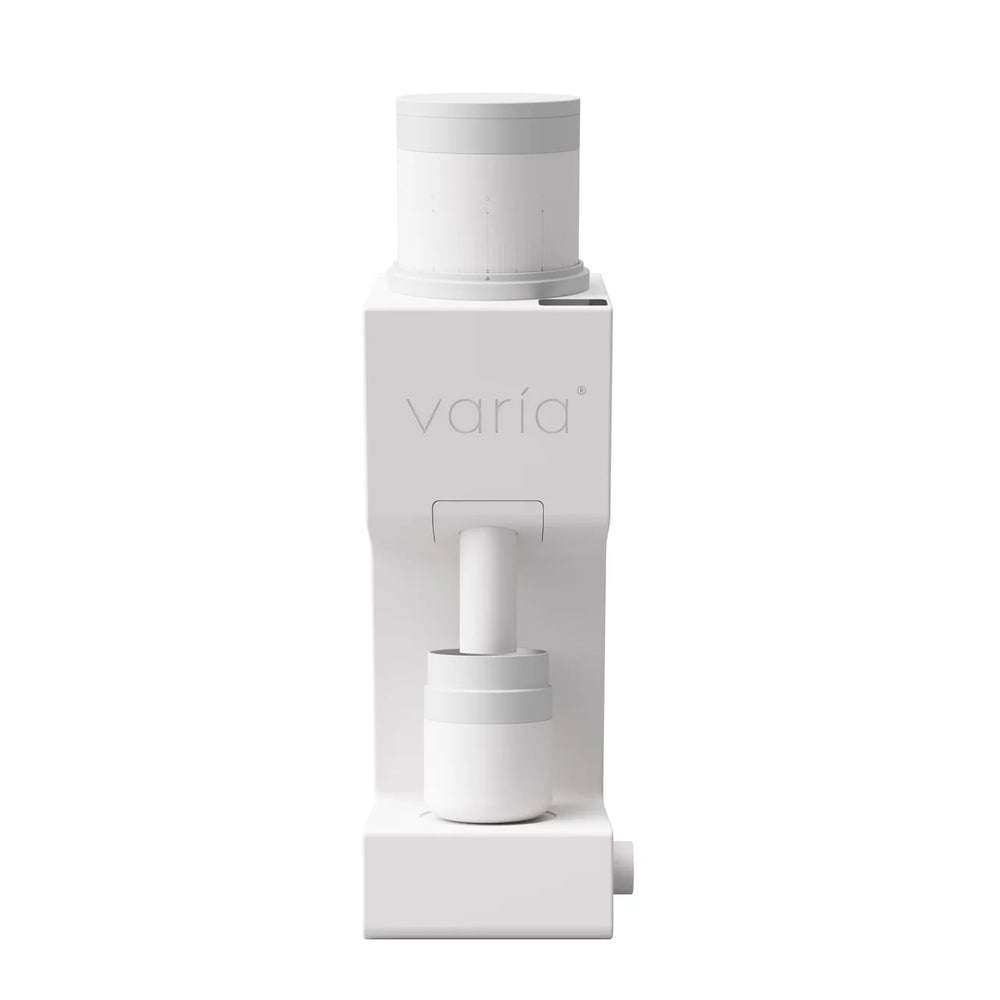 Varia VS6 electric coffee grinder in white with 58mm flat burrs, front view