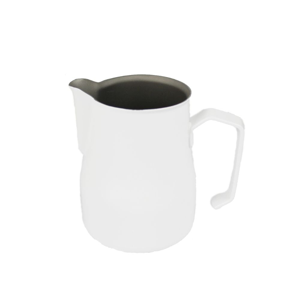 White milk pitcher with black interior on a white background