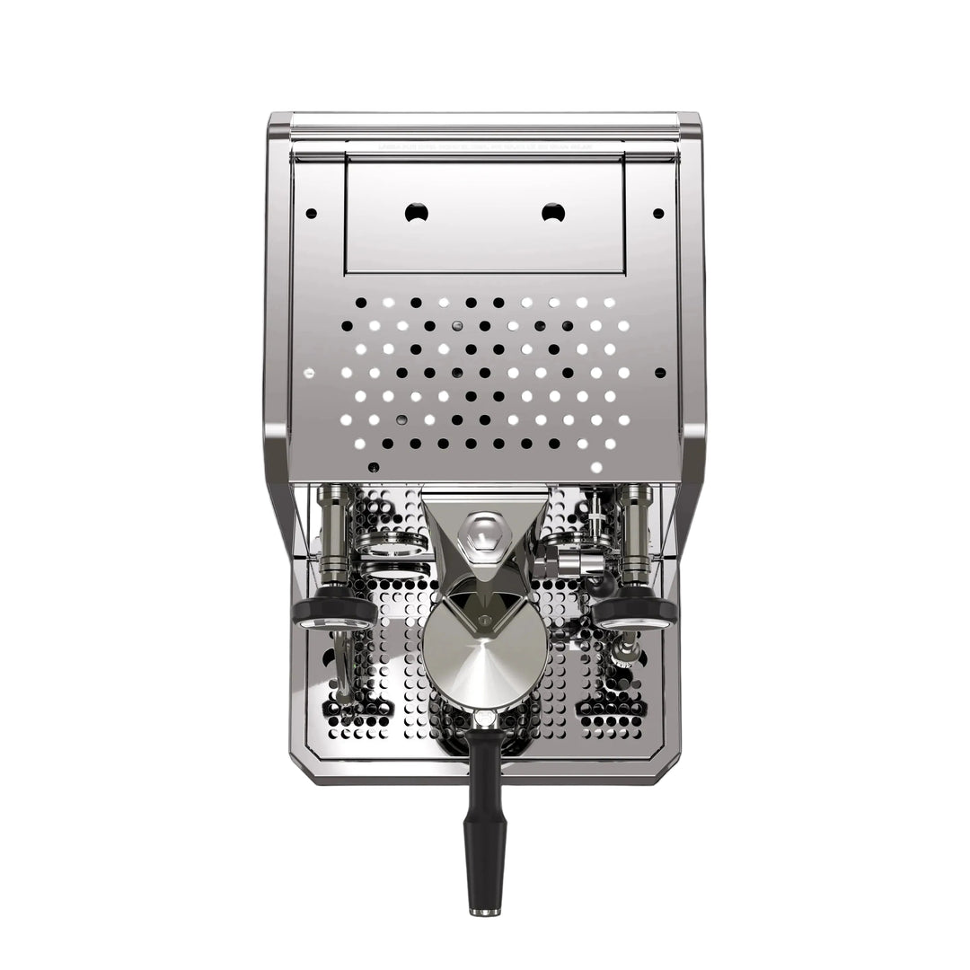 Stainless steel espresso machine on a white background