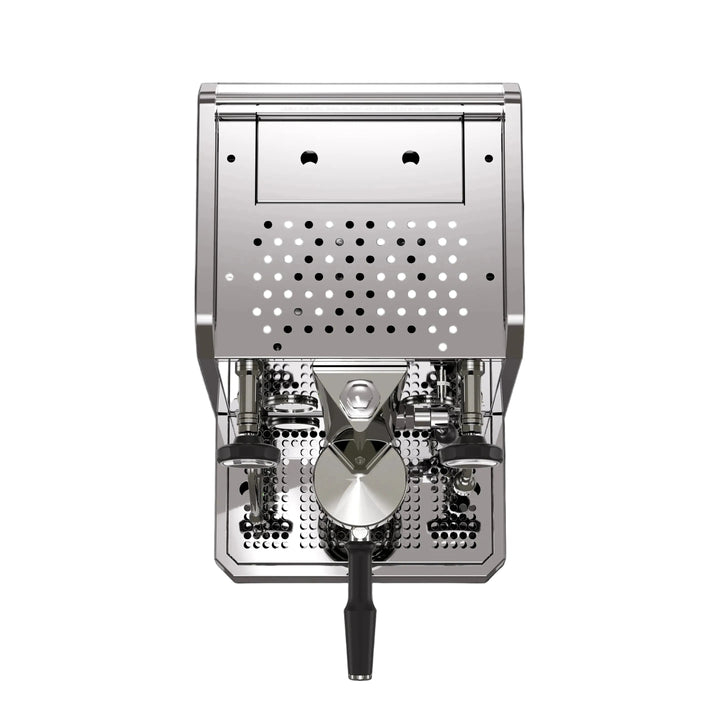 Stainless steel espresso machine on a white background