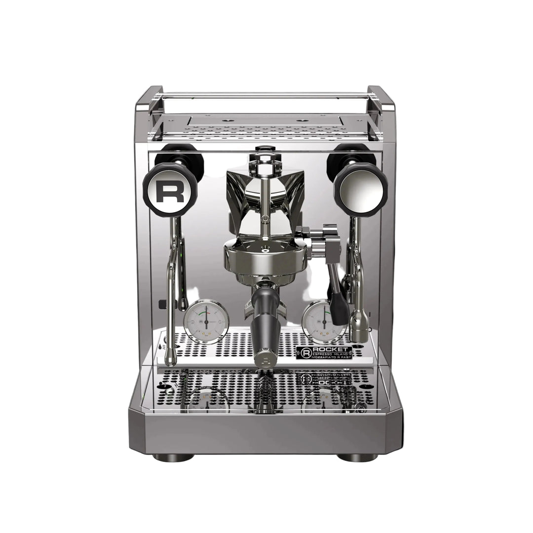 A professional espresso machine with a brushed silver stainless steel body, featuring two side handles with circular black and silver grips, two analog pressure gauges, and a central portafilter holder, shown against a solid black background.