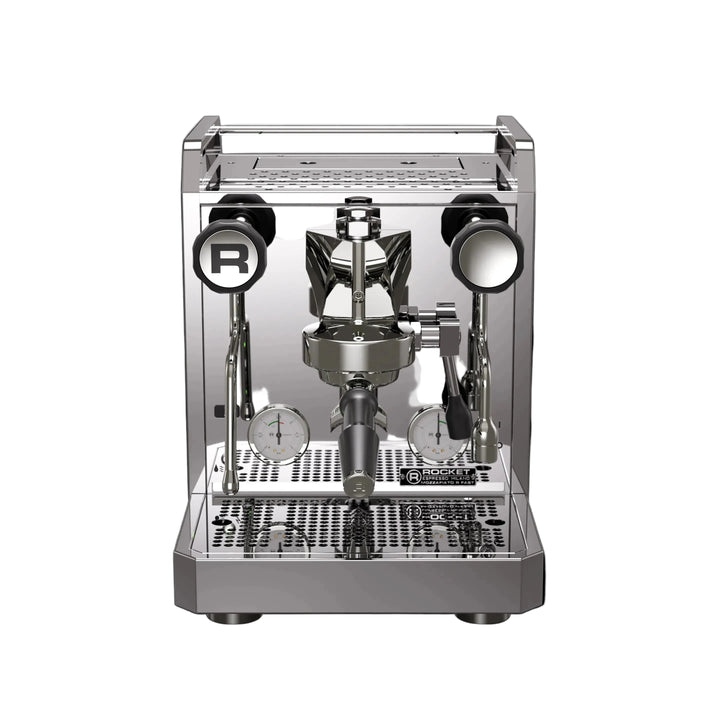 A professional espresso machine with a brushed silver stainless steel body, featuring two side handles with circular black and silver grips, two analog pressure gauges, and a central portafilter holder, shown against a solid black background.