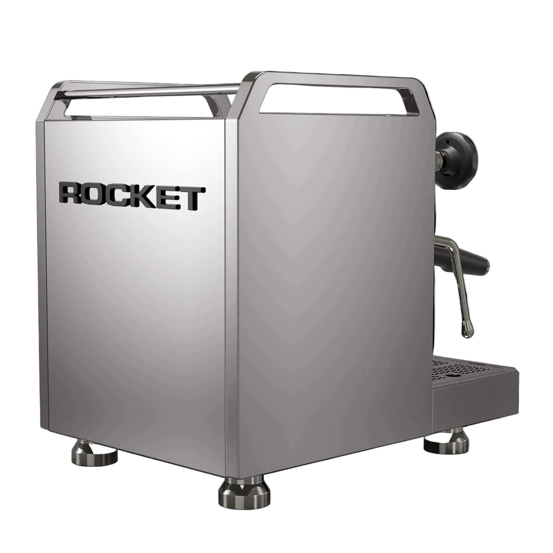 Stainless steel espresso machine with 'Rocket' branding on a white background