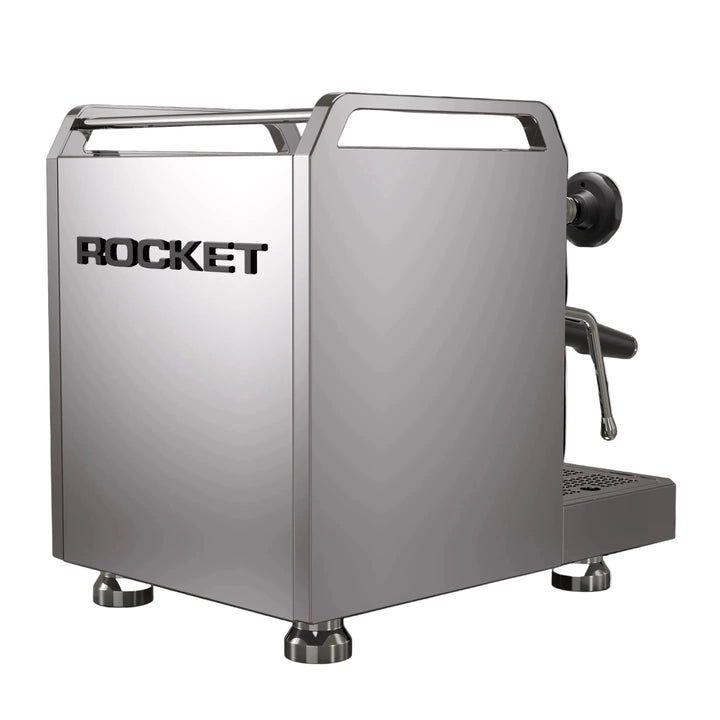 Stainless steel espresso machine with 'Rocket' branding on a white background
