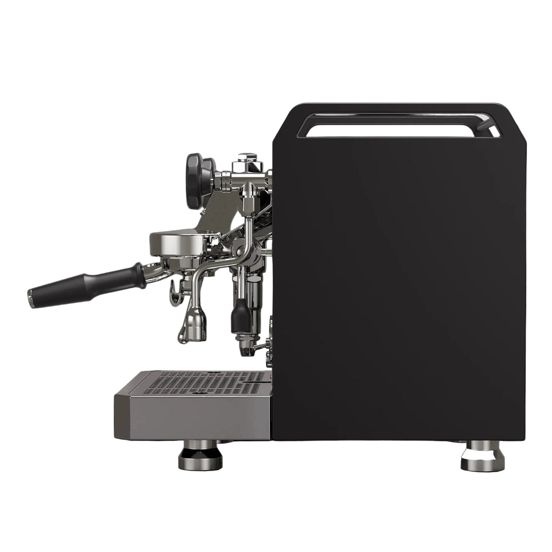Espresso machine with black side panel on a white background