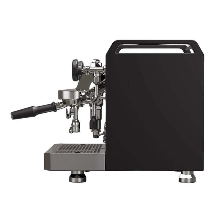 Espresso machine with black side panel on a white background