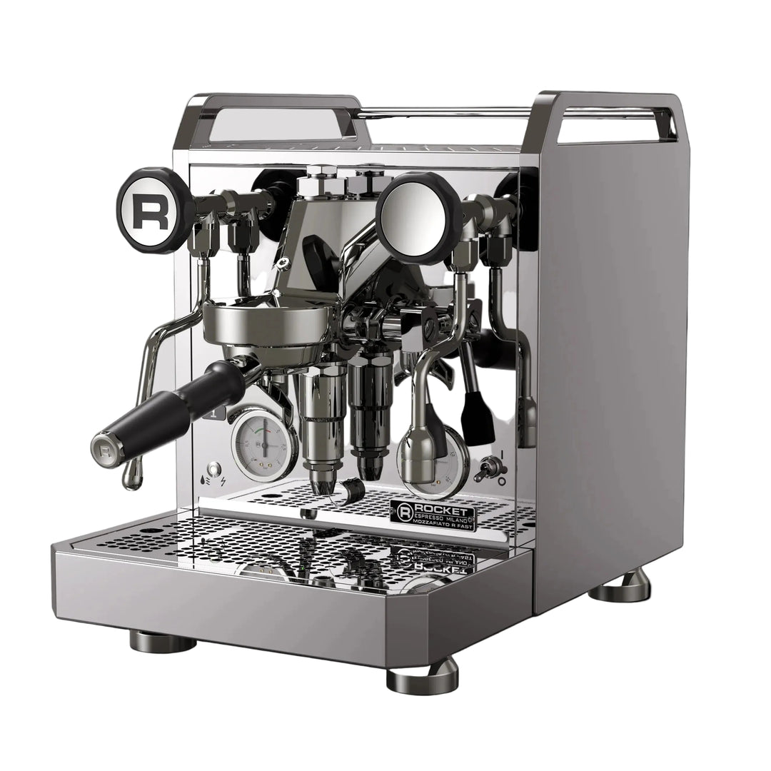 A professional espresso machine with a brushed silver stainless steel body, black accents, and a white background.