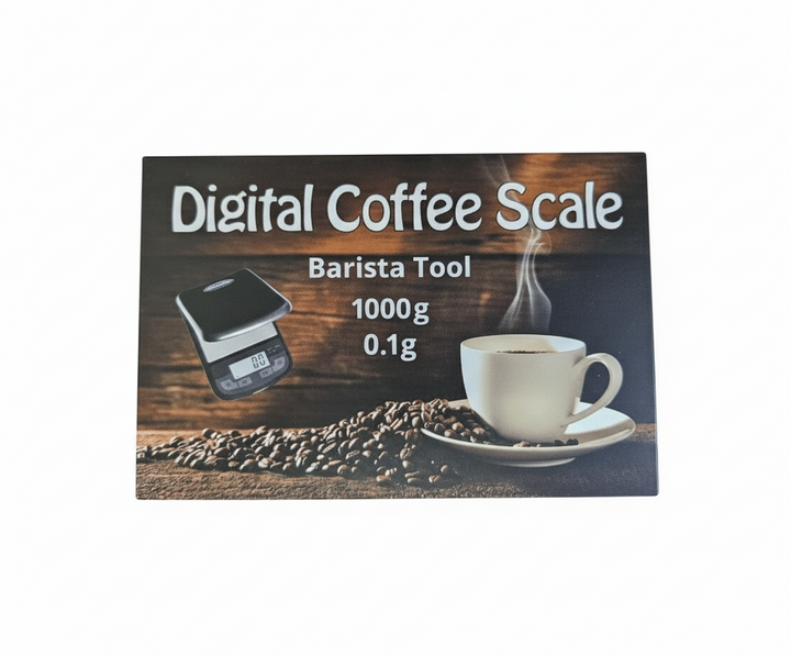 Digital coffee scale with a cup of coffee and beans on a wooden background