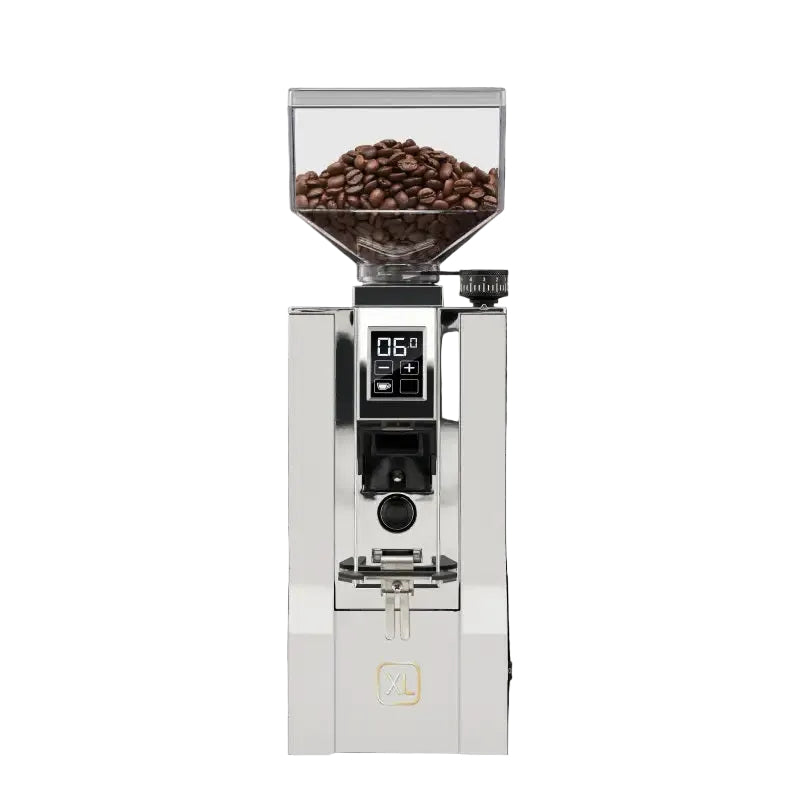 A professional coffee grinder with a white body, stainless steel accents, a digital display screen, and a clear bean hopper filled with coffee beans, shown against a solid black background.