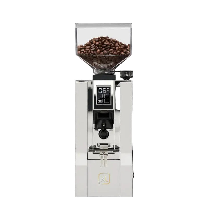 A professional coffee grinder with a white body, stainless steel accents, a digital display screen, and a clear bean hopper filled with coffee beans, shown against a solid black background.